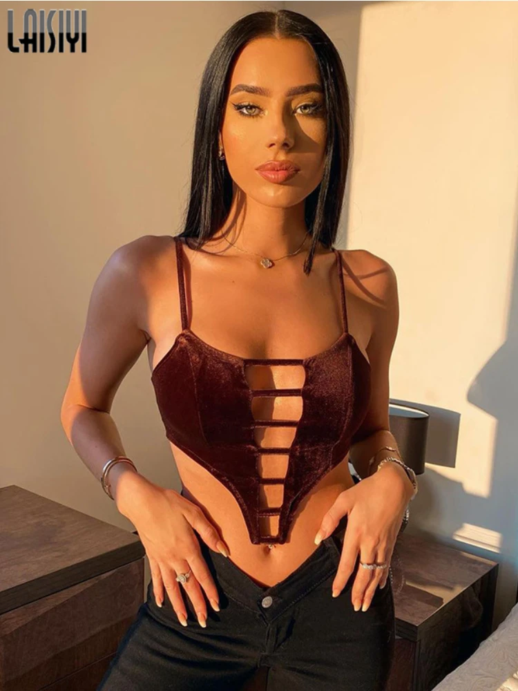 

Women's Cropped Top Hollow Out Sexy Blouses Sleeveless Velvet Vest Summer Irregular Backless Camisole Tank Tops Women's Clothing