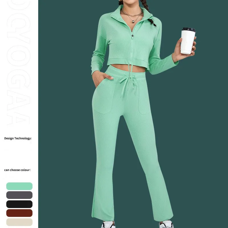 New Solid Drawstring Breathable Shockproof Gathering High Waist Hip Pants High Neck Zipper Slim Fit Top Sports Fitness Yoga Set