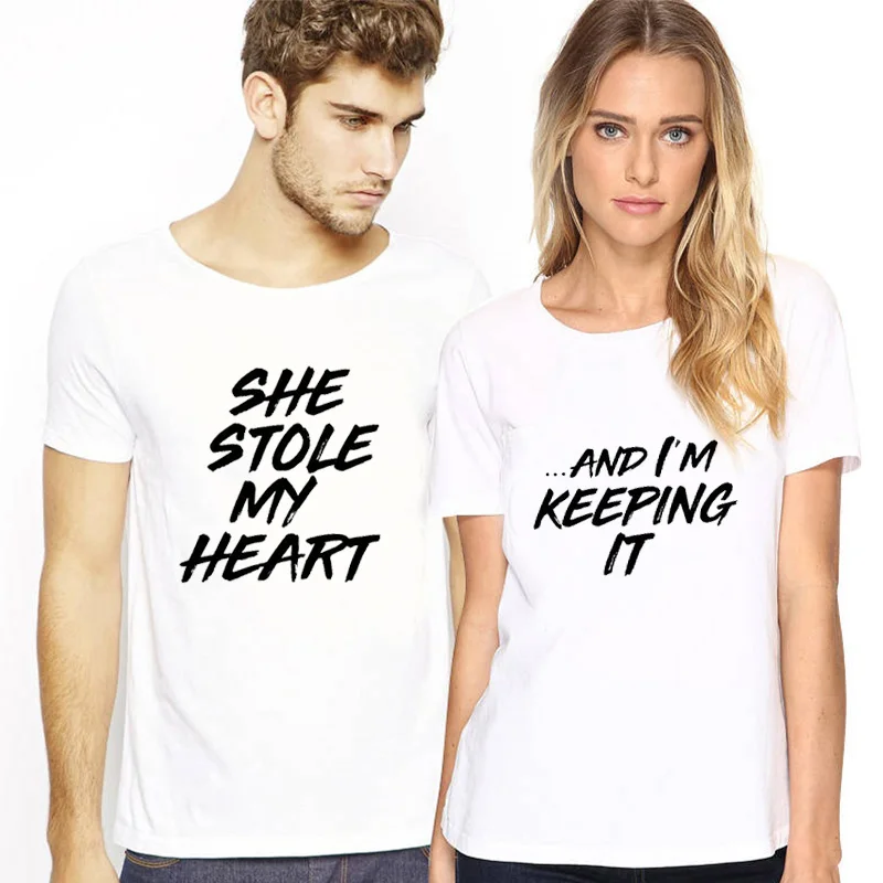 

Women T-shirt Cotton T-shirt Couple Clothes for Lovers Letter Print She Stole My Heart New Funny T Shirt Female Tops Plus Size