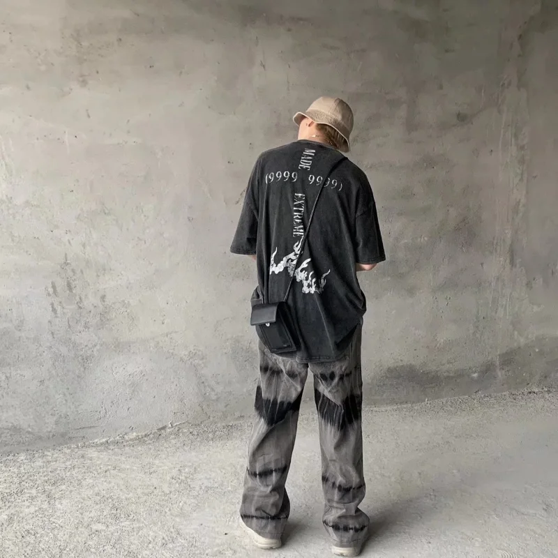 DEEPTOWN Y2K Black Jeans Men Streetwear Straight Denim Pants Loose Casual Fashion Trousers Male Hip Hop Patchwork Distressed