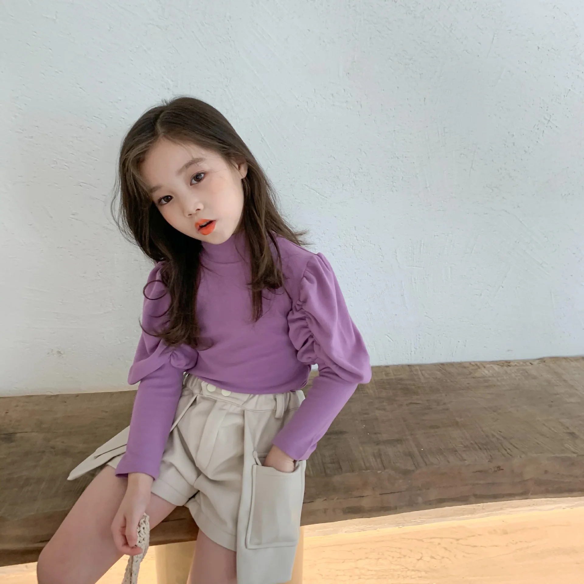 Freely Move Children Clothes Girls Long Puff Sleeve T-shirt Children's Solid Color T-shirt Bottoming Shirt Autumn T-shirt