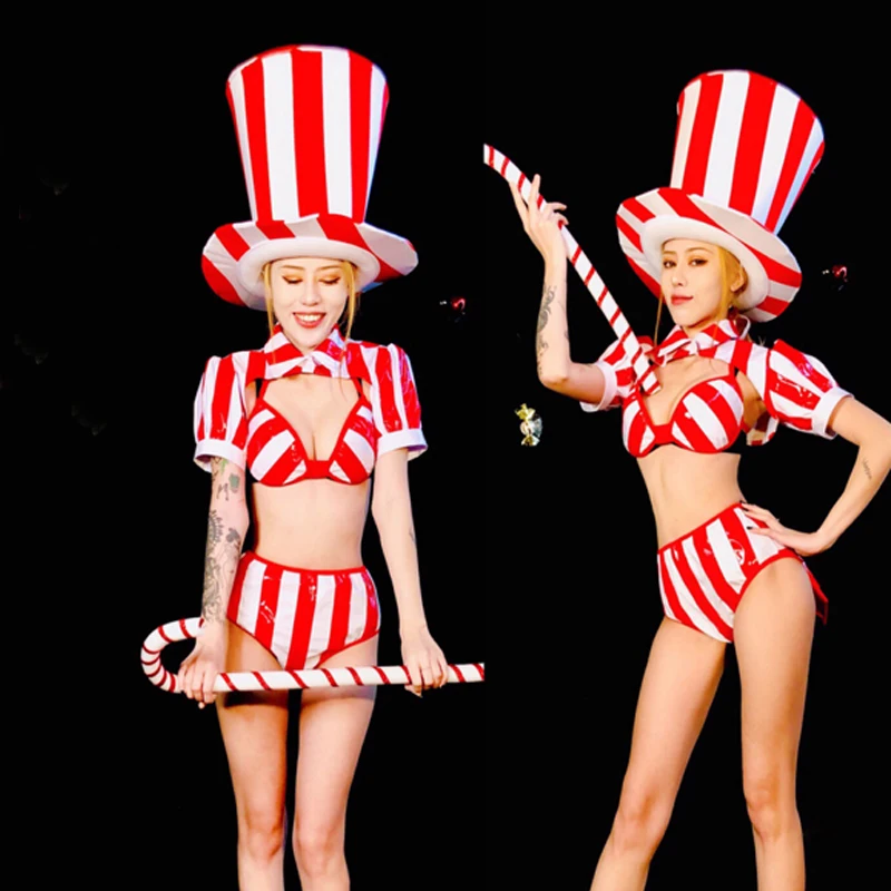 

Christmas Red And White Bikini Shorts Suit Magic Hat Nightclub Ds Party Gogo Dancer Costumes Pole Dance Clothing Outfit DT2940
