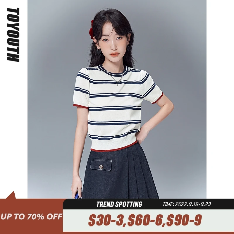 Toyouth Women Knit Tops 2022 Summer Classic Striped O Neck Loose T-shirts Red Blue Stripe Simple Casual Tops