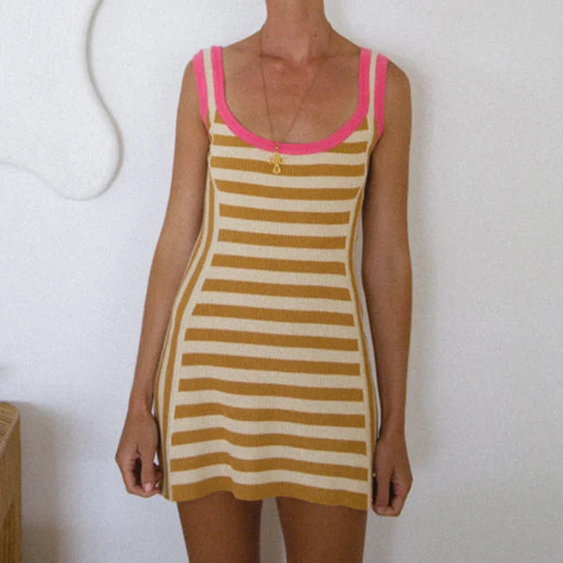 

90s Vintage Striped Knitted A-line Dress Y2K Fairy Chic Women French Sleeveless Slim Fit Mini Dress Summer Boho Beach Holiday