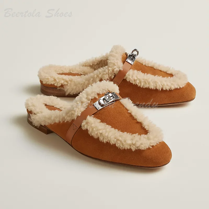 

Brown Suede Fur Flat Women Winter Slippers Black Leather White Feather Silver Buckle Sandal Silver Shiny Loafers Casual Shoes