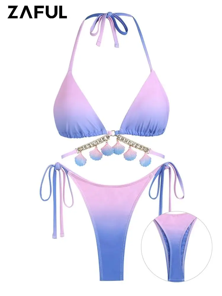 

ZAFUL Women's Tie Dye Halter Sexy Thong Bikini Set Triangle Brazilian Swimsuit Tie Side String Swimwear Beachwear Bathing Suit