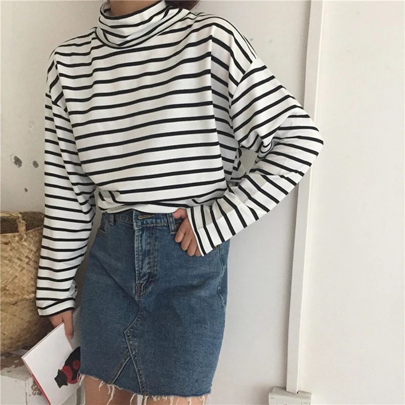 

Tee Shirts Woman 2022 Spring New Korean Harajuku Striped Turtleneck T-shirt For Women Long Sleeve T-shirts Casual Tops