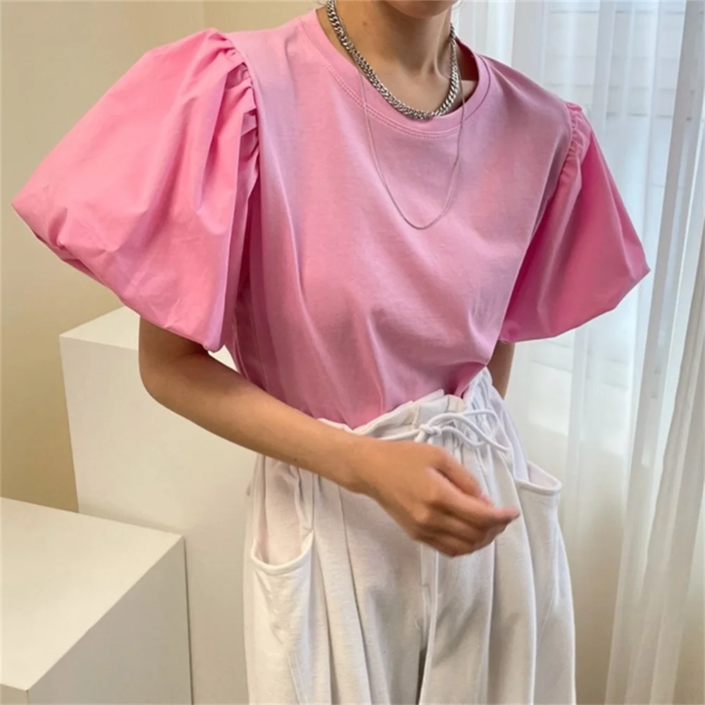 

Футболка женская трикотажная в стиле пэчворк, с коротким рукавом-фонариком