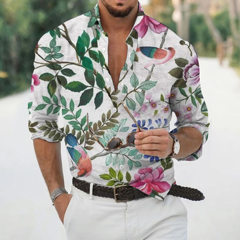 Spring and Autumn Men's Fashion Shirts Lapel Button-Up Tops Men's Casual Floral Digital Printing Long Sleeve Shirts Streetwear
