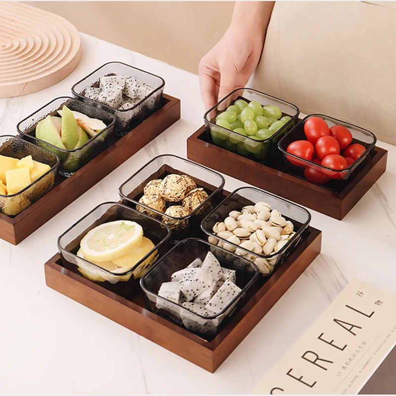 

Creative Glass Fruit Platter with Wooden Tray Golden Border Candy Snack Nut Fruit Storage Box Household Square Dessert Saladbowl