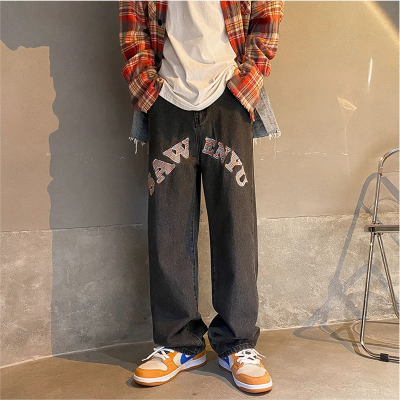 High Street Print Black Jeans Men's Y2K Straight-leg Pants Loose Wide-leg Jeans Hip-hop Style Men's Trousers джинсы для мужчин