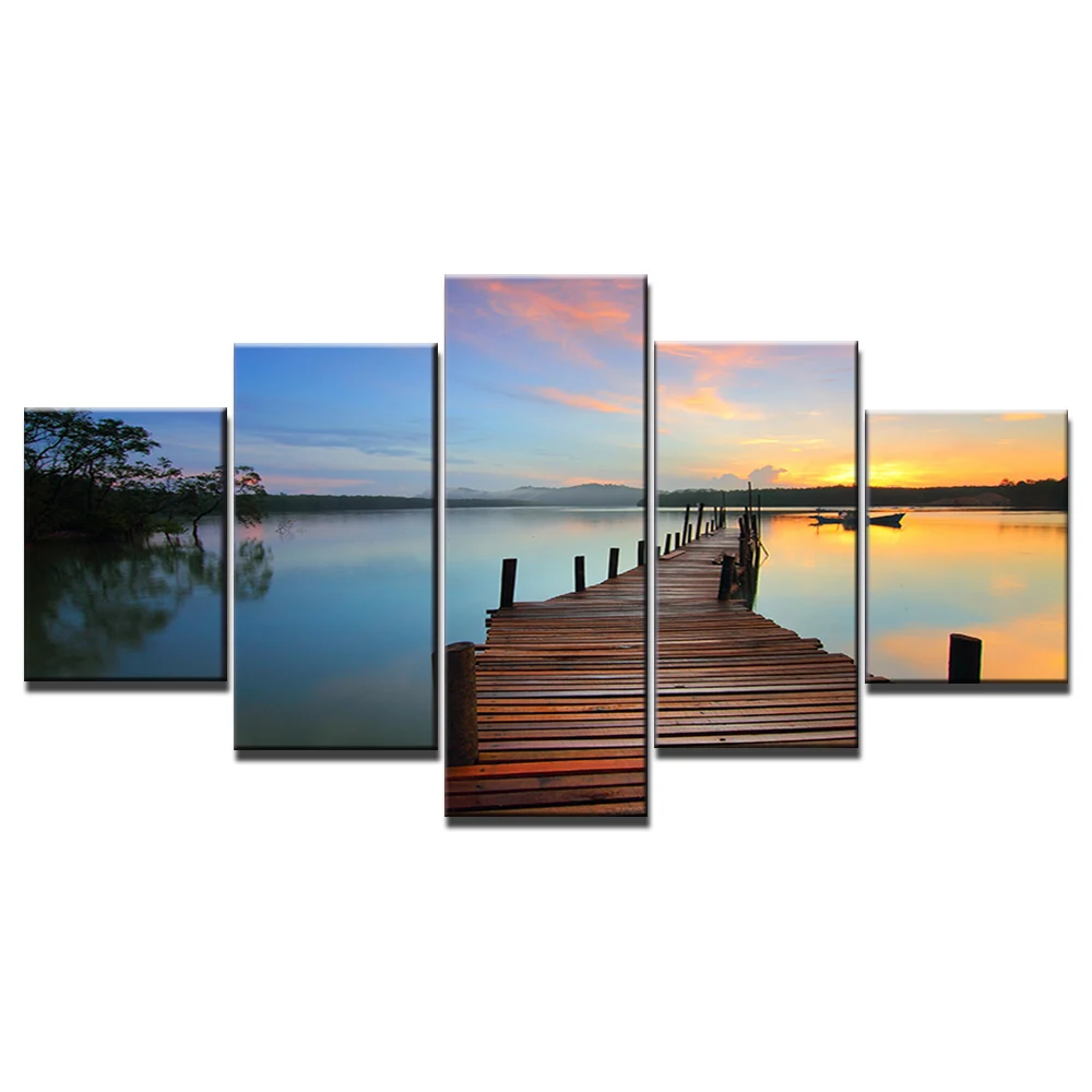 HD печать 5 шт Холст Искусство озеро мост на закате красивая картина настенные