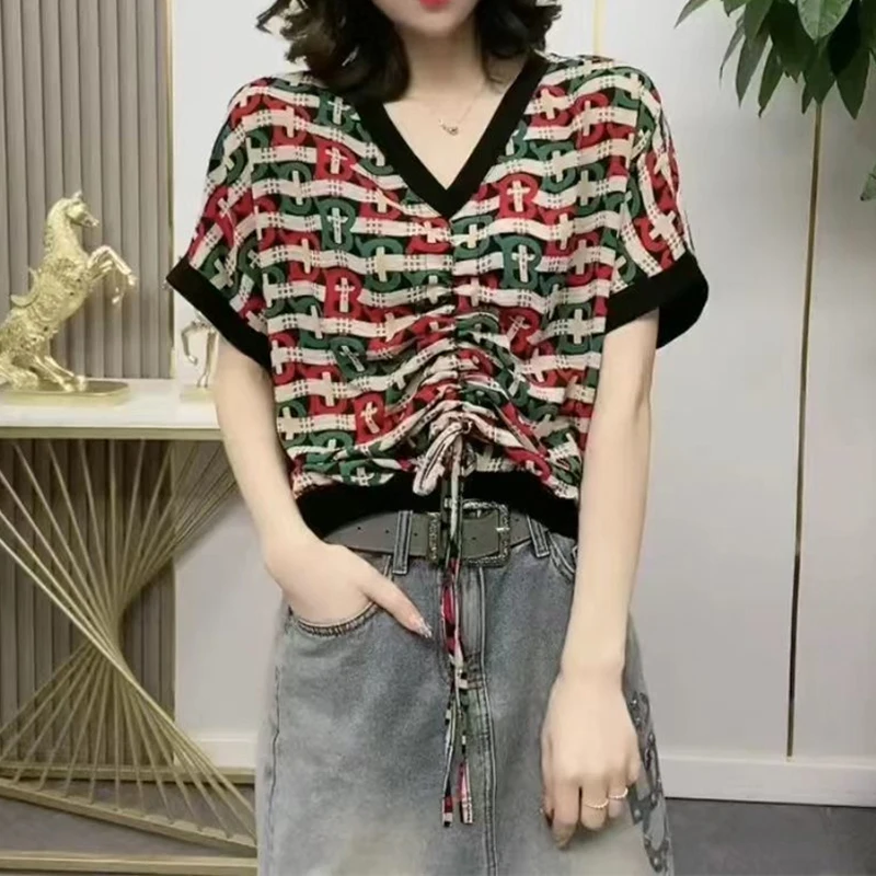 

2023 Summer Casual Loose Bat Short Sleeve Drawstring Tee T Shirts Femmes Fashion V-neck Loose Streetwear Pullover Tops for Women
