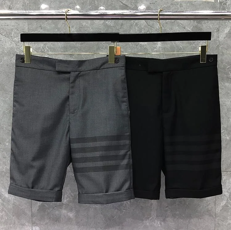 TB Brand 2023 Fashion THOM Casual Shorts Men Summer Cotton Striped Shorts Formal Knee Length Solid Straight Trousers