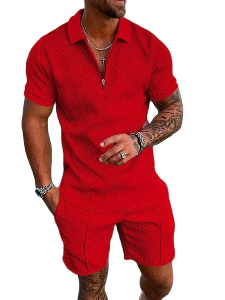 

New 3D Printed Mesh Bra Chain Lapel Polo Shirt and Summer Shorts Men's Set