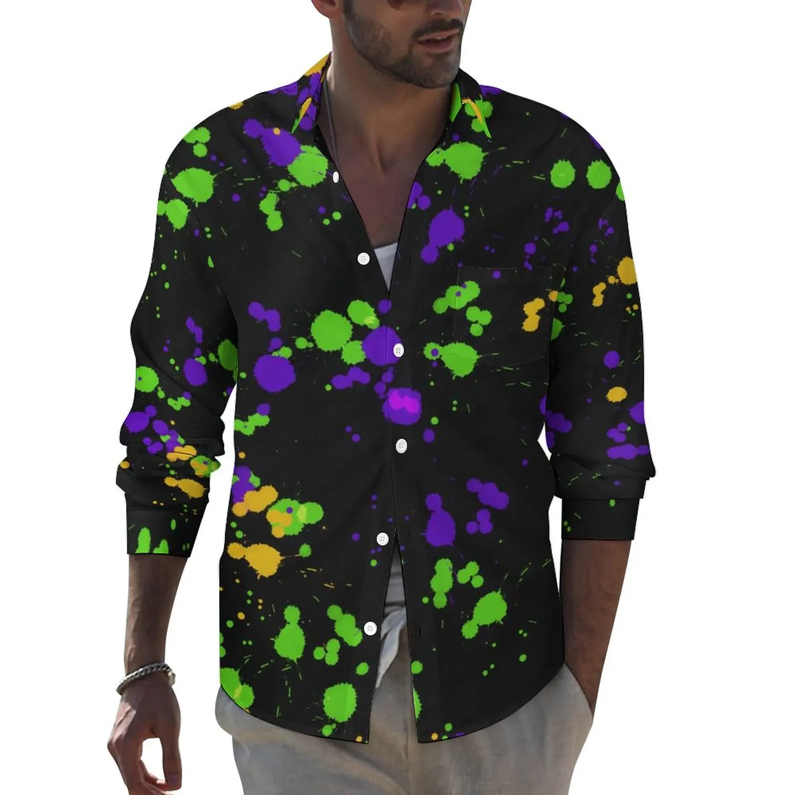 

Рубашка мужская с рисунком брызг, Повседневная Блузка с разноцветным принтом, с длинным рукавом, уличный Топ, большие размеры, синяя желтая ...