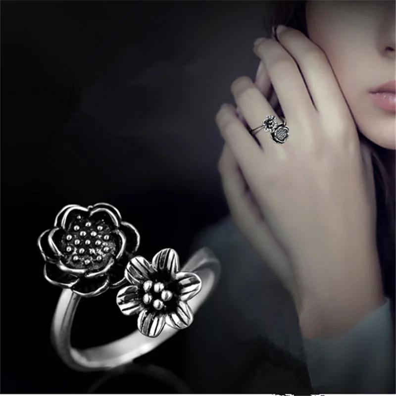 

High Grade 925 Sterling Silver Ring Women Jewelry Vintage Craved Lotus Flower Ring For Lady Finger Accessories Adjustable