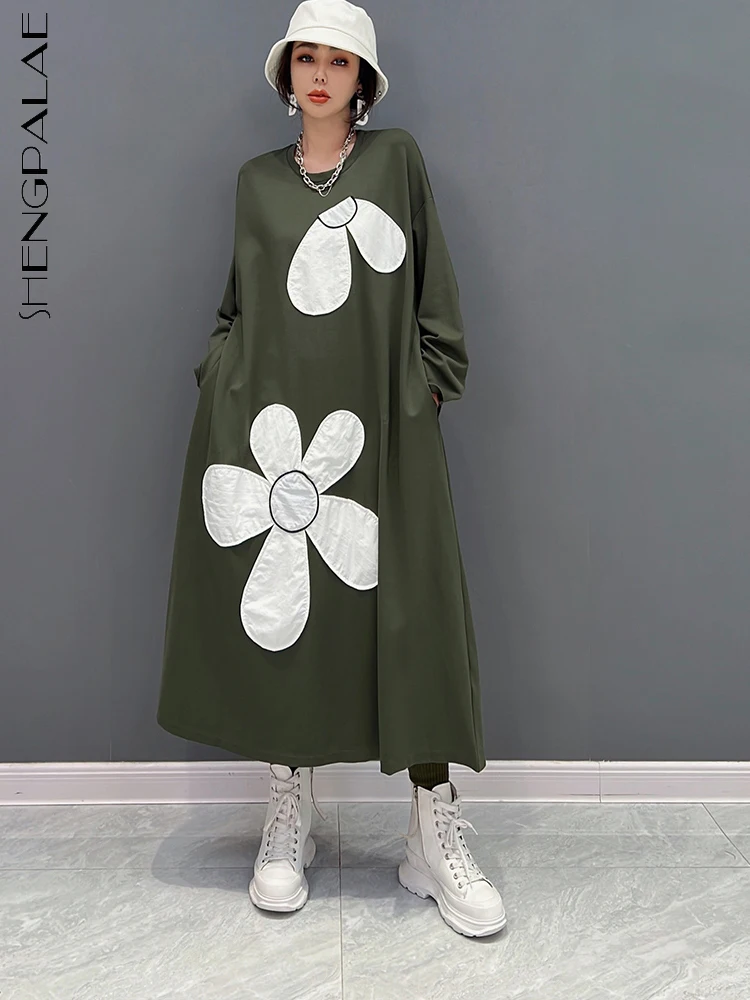 

SHENGPALAE модное платье с цветочным принтом для женщин осень 2023 новые свободные платья до середины икры с круглым вырезом и длинным рукавом 5WA179