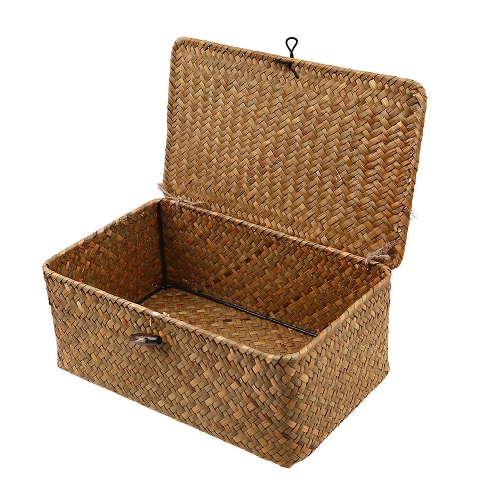 

Storage Basket Woven Baskets Wickerbox Seagrass Lid Rattan Organizer Bins Seaweed Desktoplids Shelf Bin Rectangular Container