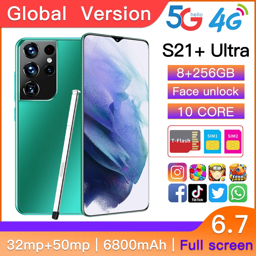 

Global Version S21+ Ultra 6.7 Inch 12+256GB Face ID 10 Core Mobile Phone MTK6889 6800mAh 32+50MP Android 11 Smartphone with Epen