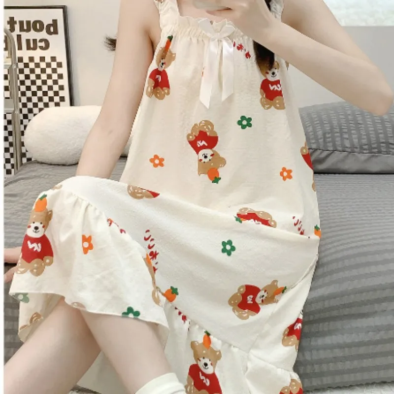 2023 New Summer One-Piece Sleepwear For Women-F-Novelty Comfort Home Wear Floral Printing Slash-Neck Sweets Sleepgown With Bow