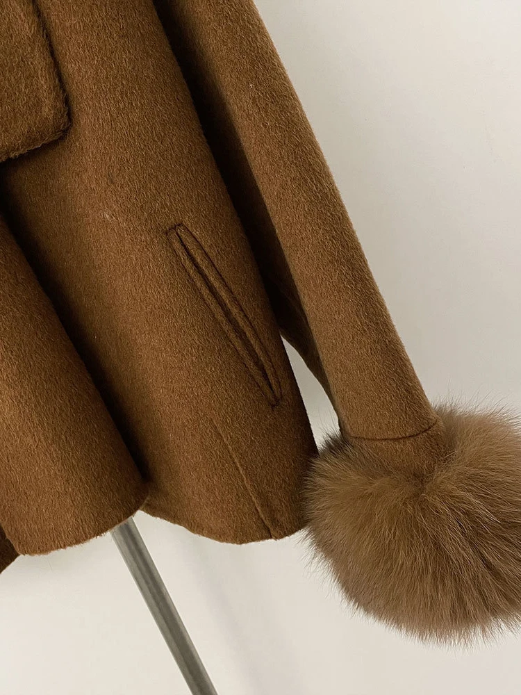 LANMREM шарф съемное шерстяное пальто с манжетами из лисьего меха темпераментное