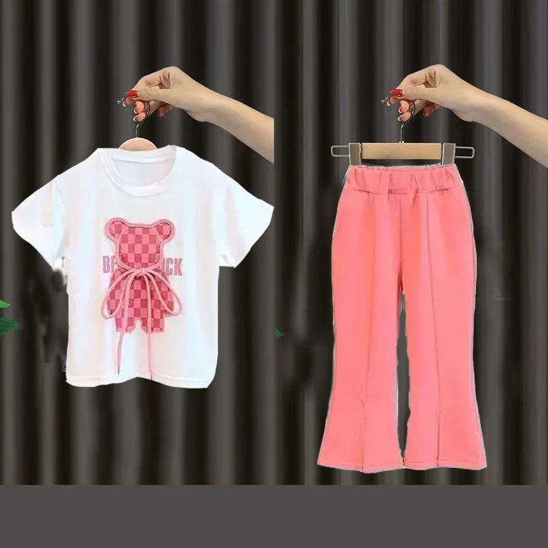 

2023 Summer Teens Clothes Set New Sport Bear Girls Print Cotton Top T Shirt + Wide Long Pant Suit Korea Child Newest Tracksuit
