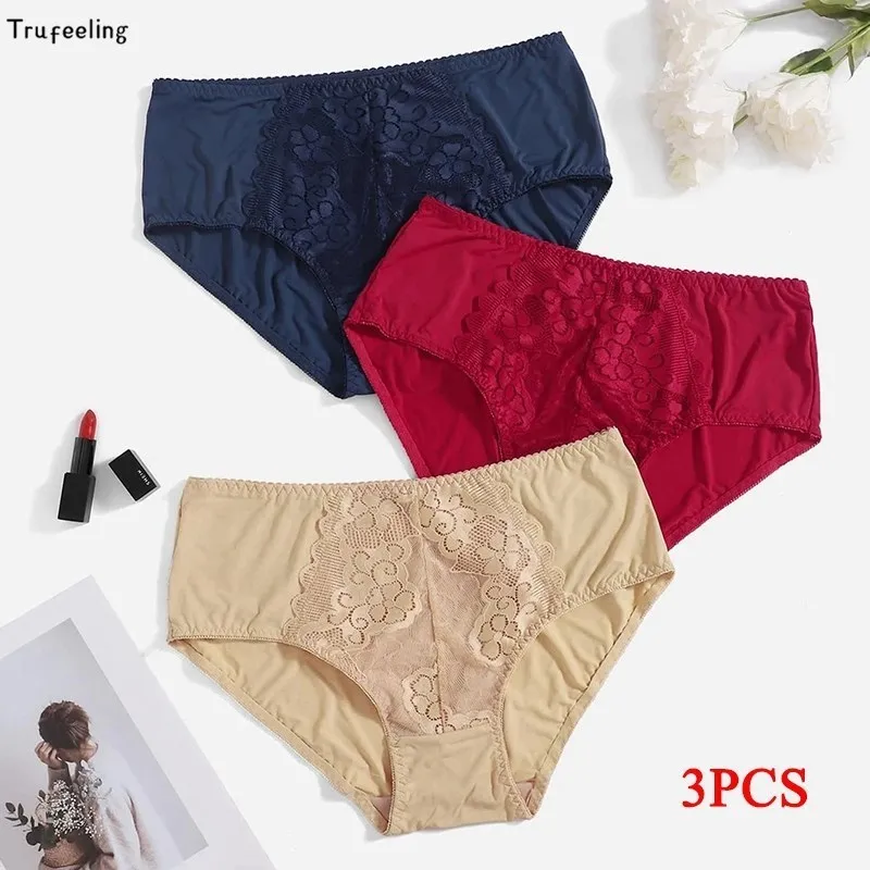 Trufeeling 3Pcs/lot Women's Sexy Panties Floral Briefs Lace Lingerie Plus Size Underwear Silk Satin Shorts L XL 2XL 3XL 4XL 5XL