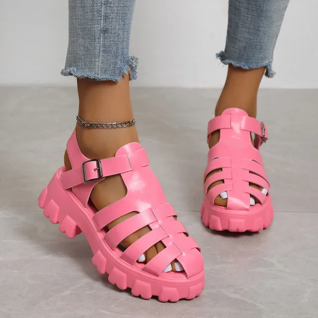 Womens Summer Sandals Hollow Flat Thick Bottom Roman Womens Sandals Buckle Womens Shoes Non-slip Outdoor Beach Shoes 2023 New