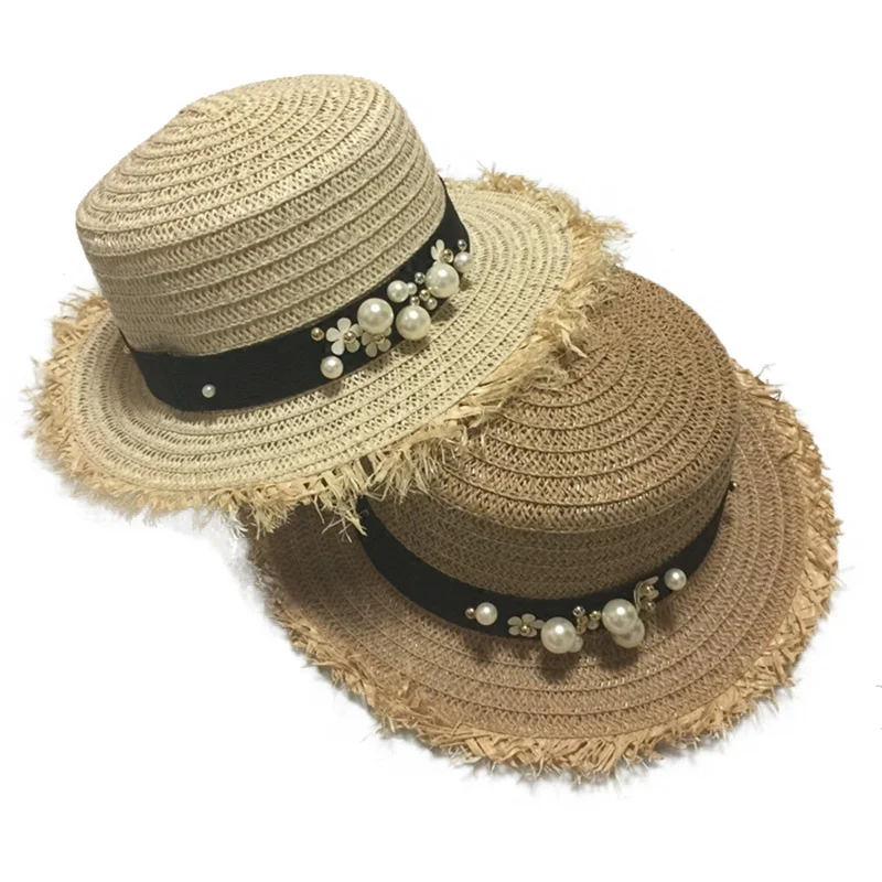 

Summer Women Flat Top Straw Hat Fashion Female Daisy Flower Pearl Trip Caps Girls Beach Breathable Leisure Hats CP0174
