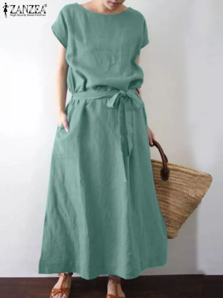 

Женское летнее однотонное платье ZANZEA с коротким рукавом, круглым вырезом, карманами, поясом и разрезом, богемный женский модный Повседневны...