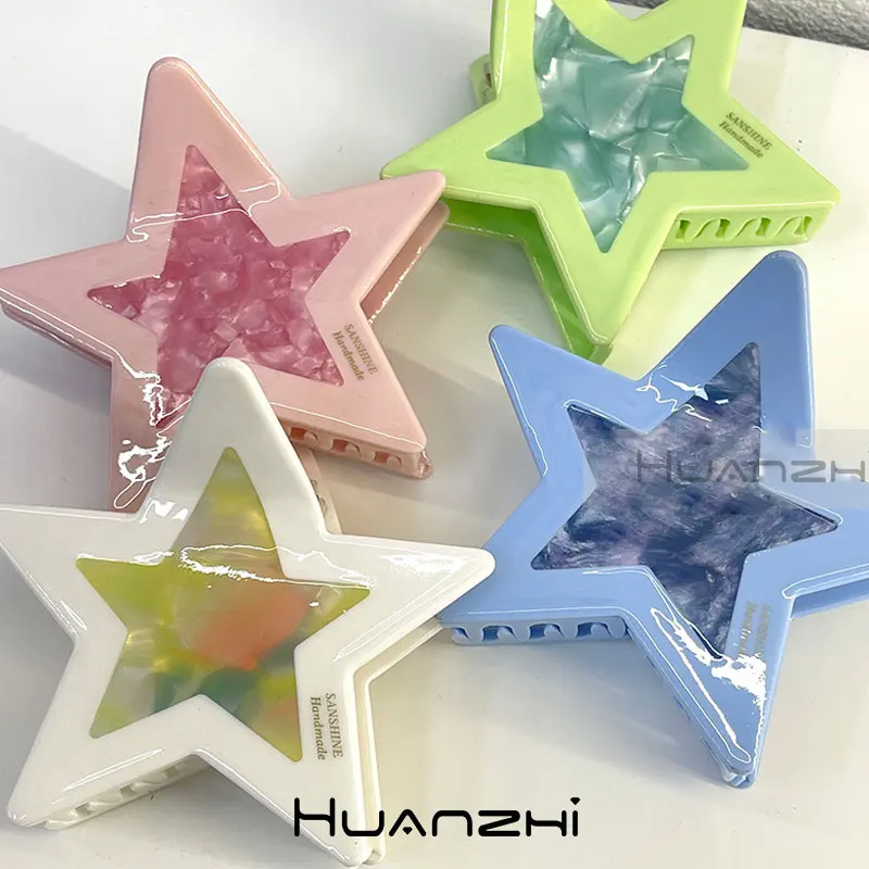 

Green Pink Acetic Acid Pentagram Star Hair Claws for Women Girl Summer Harajuku Y2K Jewelry HUANZHI 2023 NEW Splicing Headwear
