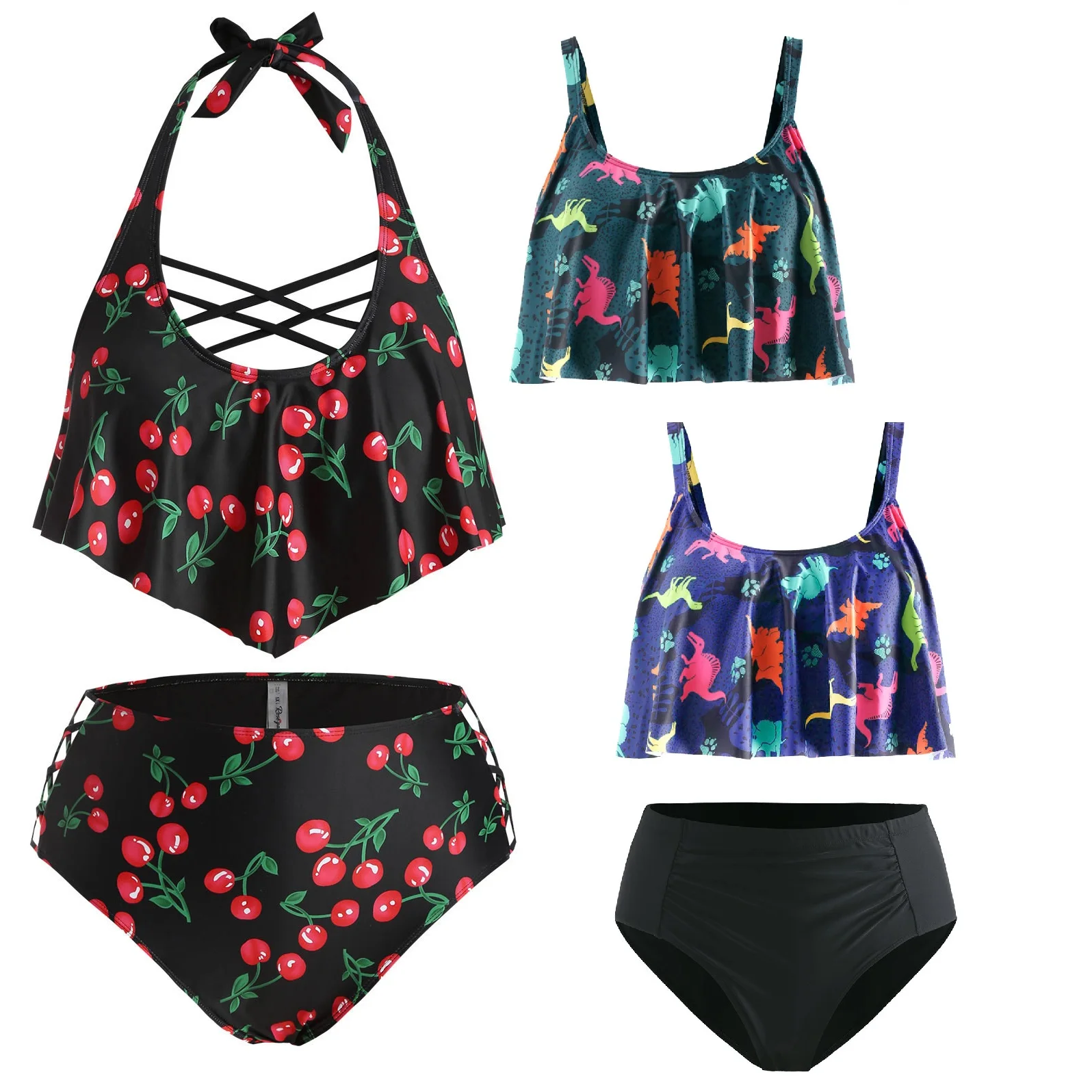 

Купальник-танкини с принтом вишни размера плюс, купальник с перекрещивающимися полосками для женщин, большой размер, бикини с высокой талие...