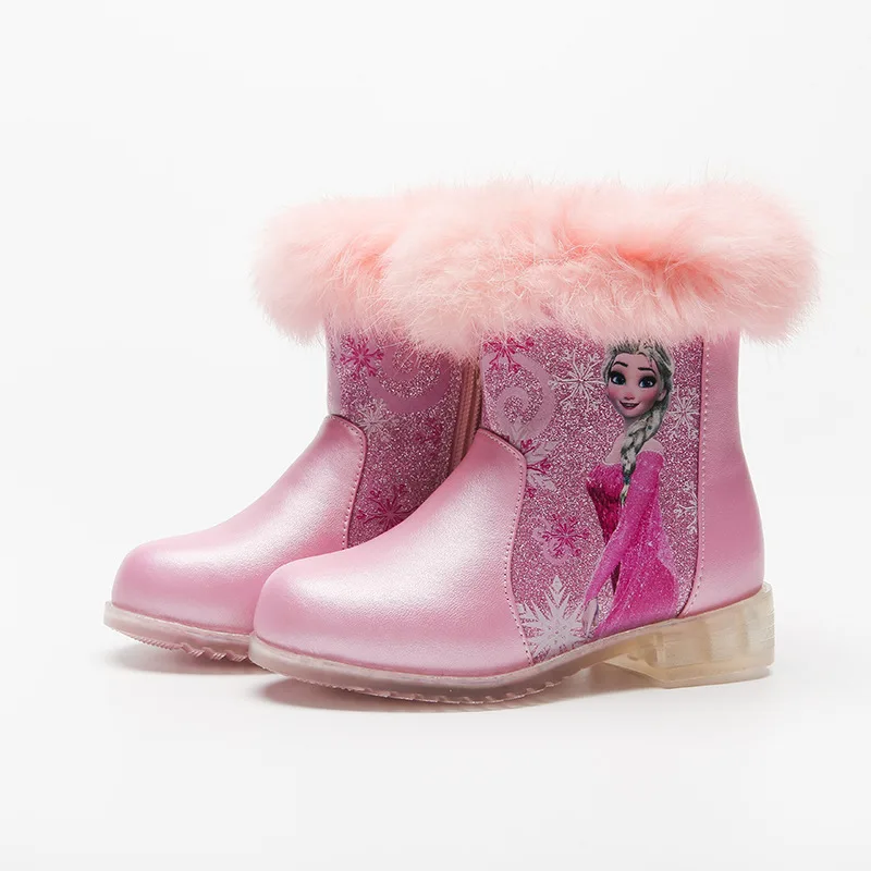Disney prenses kızlar donmuş Elsa kış kar botları pembe mavi ayakkabılar kızlar için kaymaz sıcak parlayan kürk ayakkabı boyutu 25-35