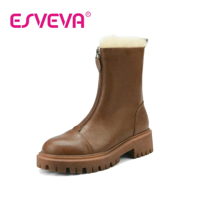 

ESVEVA 2023 Round Toe Zipper Cow Leather Fashion Ankle Boots British Nobility Style All Match Med Heel Shoes Size 34-39