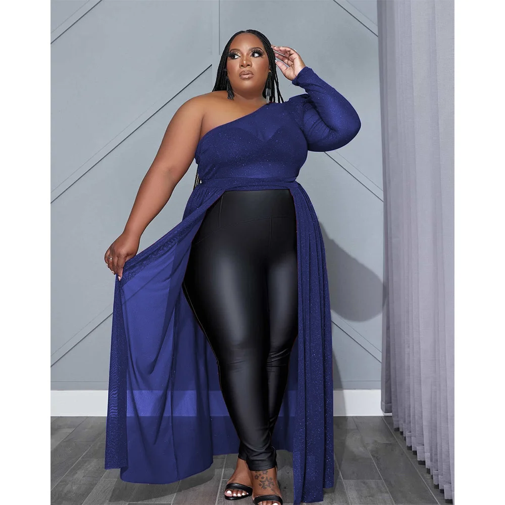 Plus Size New Semi-perspective Mesh Slim Sexy Top Elegant Solid Color Bubble Sleeve Single Side Long Sleeve Fashion Long Top