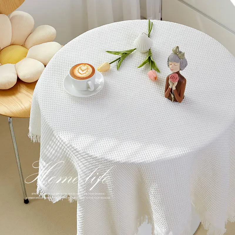 

Tablecloth Japanese ins cotton white advanced touch light luxury tea table cloth round table_AN76