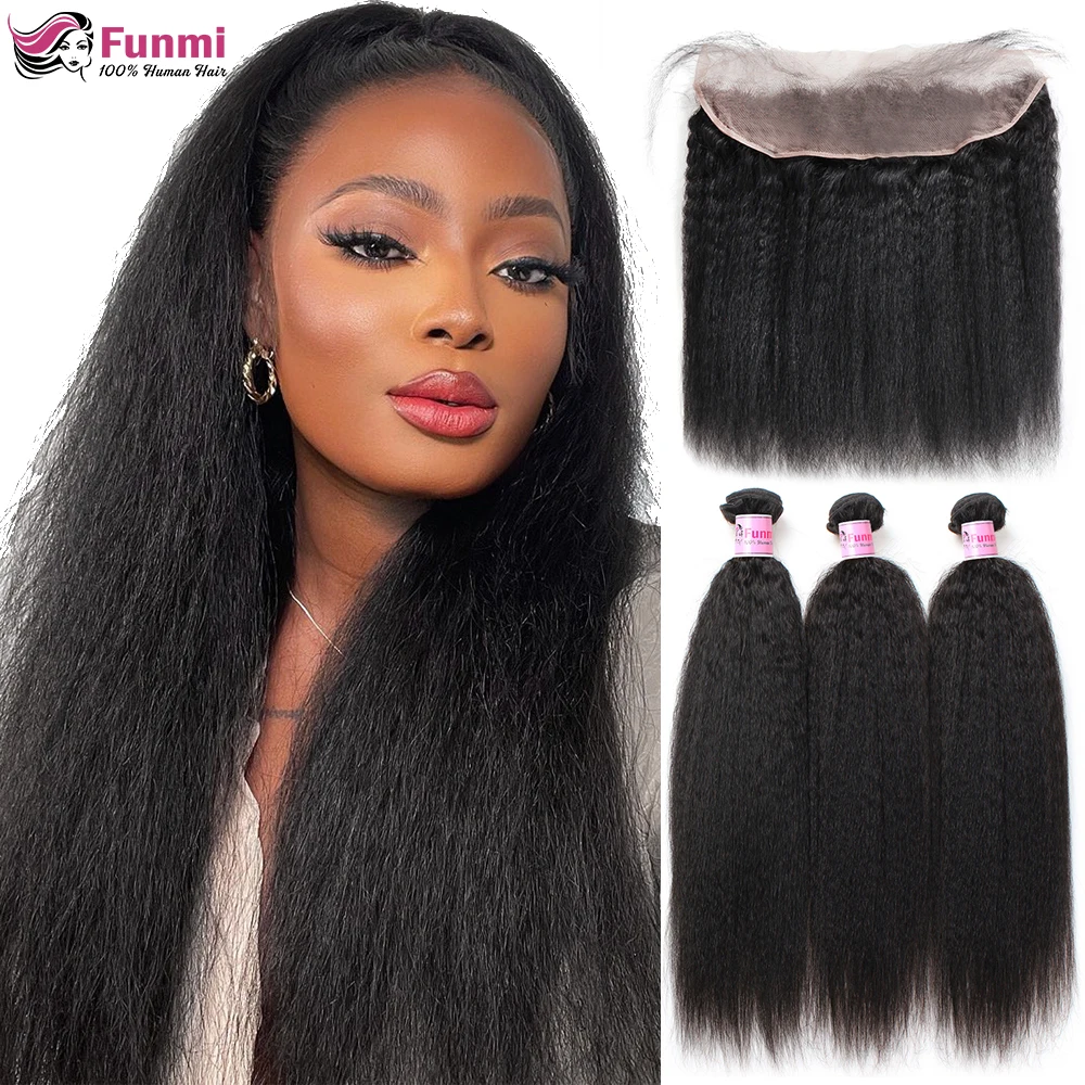 

Funmi Kinky Straight Bundles With Frontal Yaki Straight Brazilian Hair Frontal With Bundle Remy Hair Extension For Black Woman