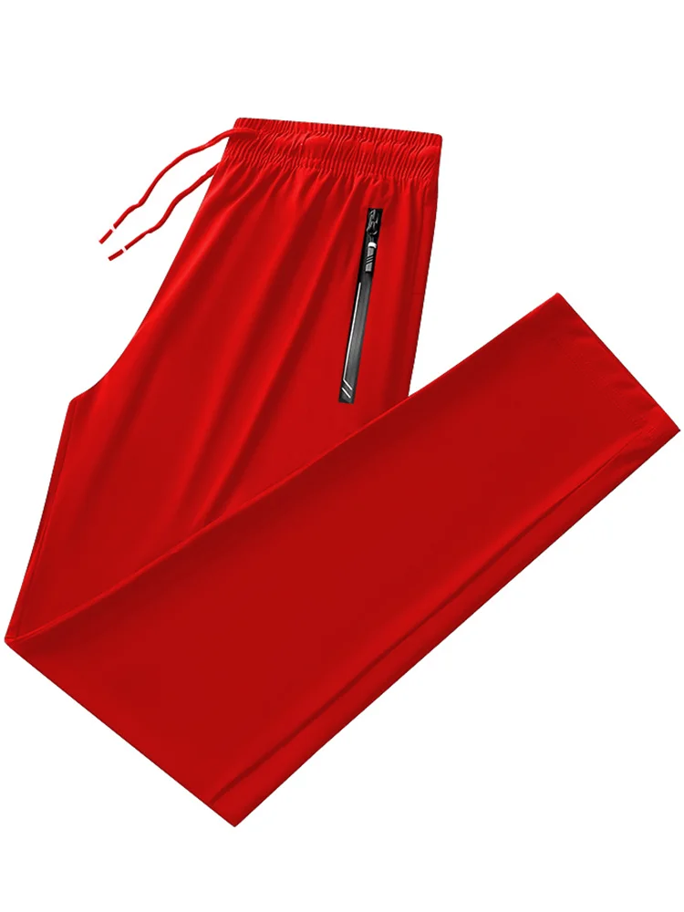 

New Men's Red Sweatpants Breathable Nylon Spandex Cool Joggers Plus Size Sportswear Zip Pockets Straight Long Track Pants
