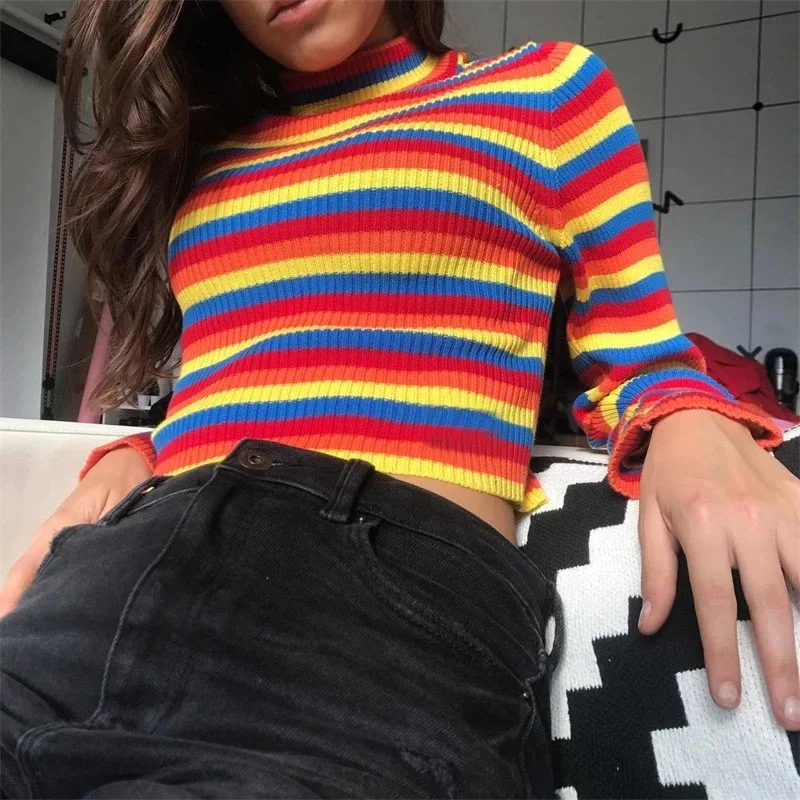 

2021 Spring Long Sleeve Colorful Jumper Casual Striped Short Sweaters Turtleneck Pullover Pull Bottoming Sweater Women's Clothes