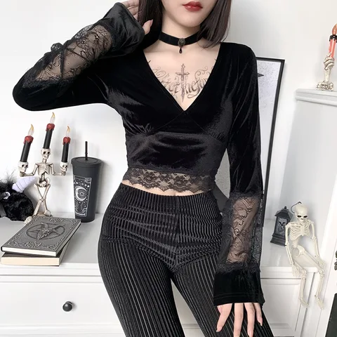 Women Gothic Black Crop Tops Solid Lace V-Neck Cropped Blouses Female Long Flare Sleeve Blouse Ladies Y2K Slim Streetwear