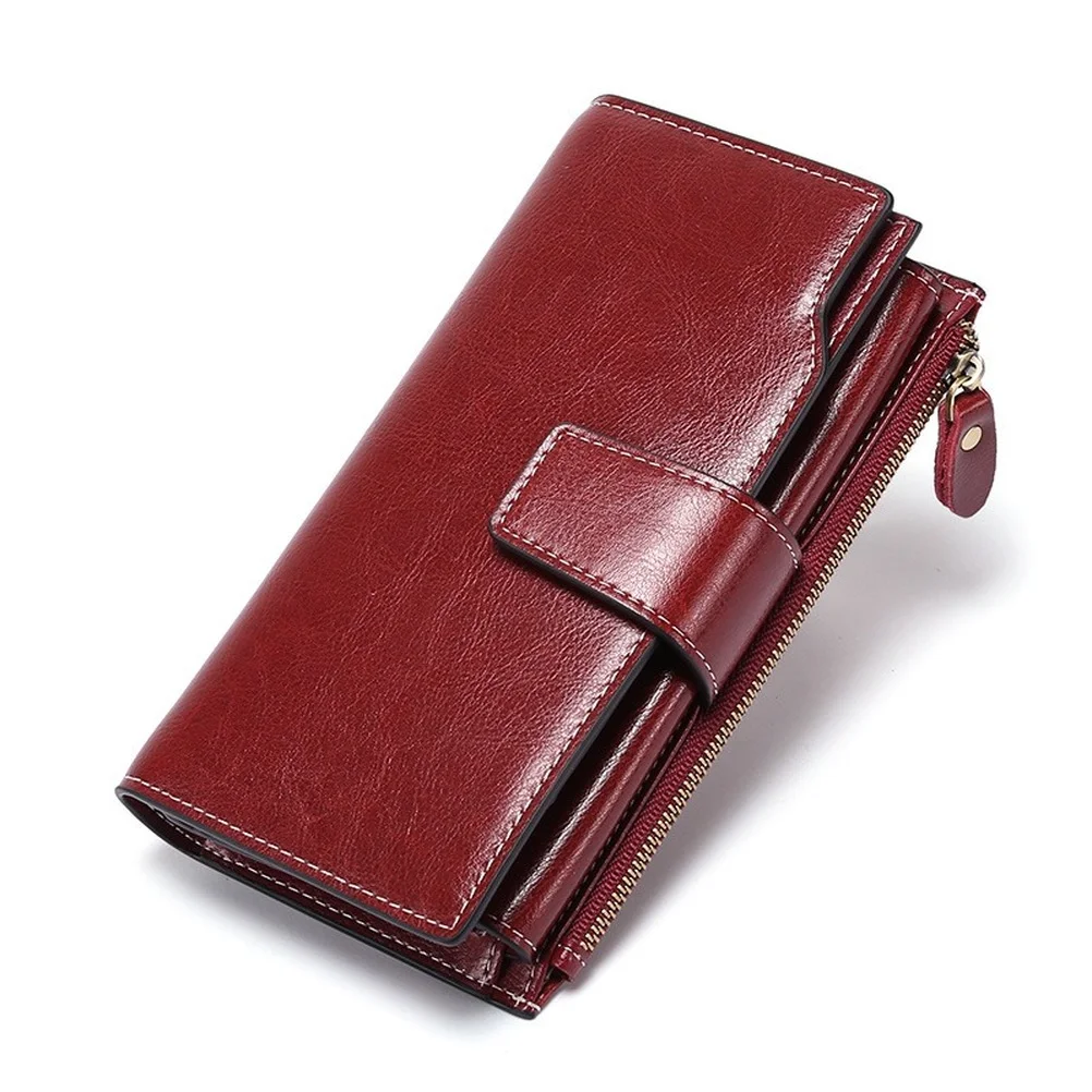 2022 Hot Sale Leather Women Wallet Rfid Long Oil Wax Leather Mobile Phone Clutch Bag Retro Large Capacity Women Clutch