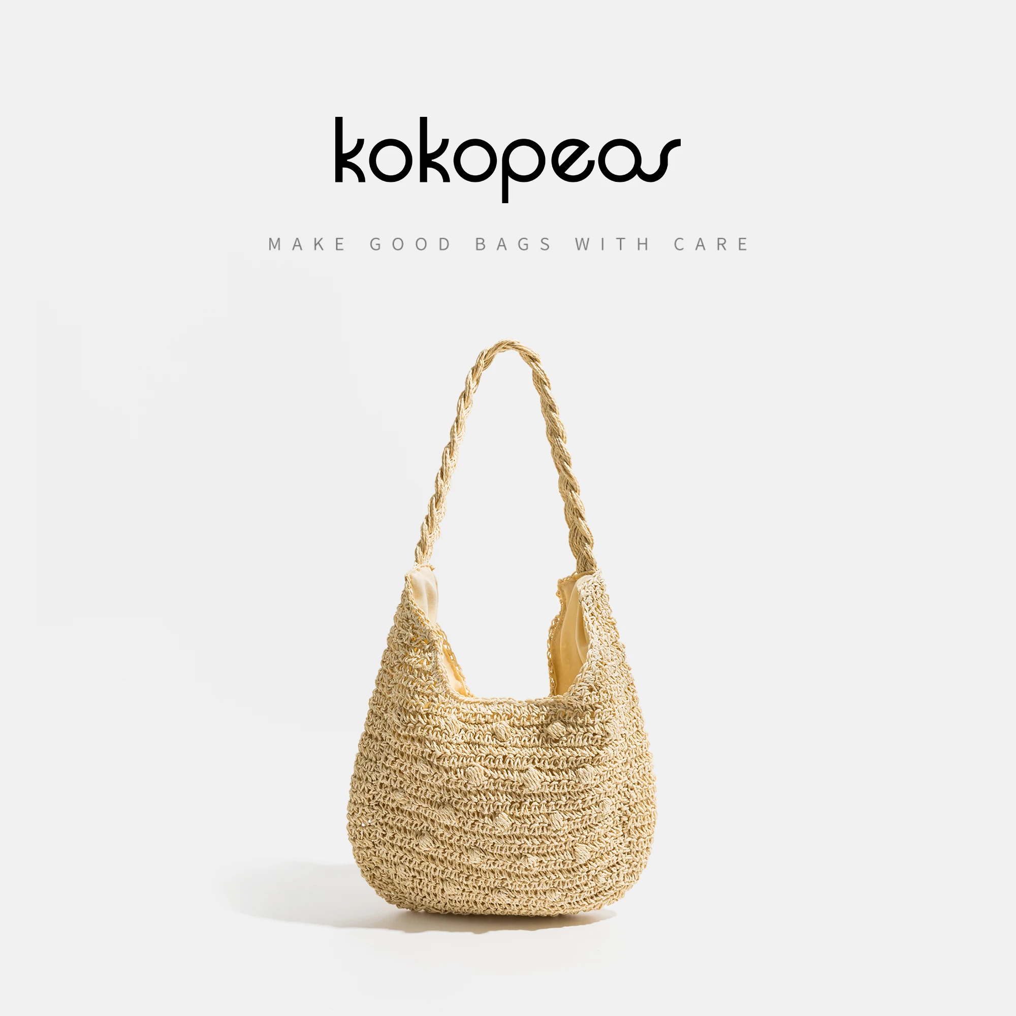 

KOKOPEAS Plaited Handle Straw Woven Shoulder Bag Simple Stylish Beach Tote Capacity Zipper Hobo Shopper Handbag