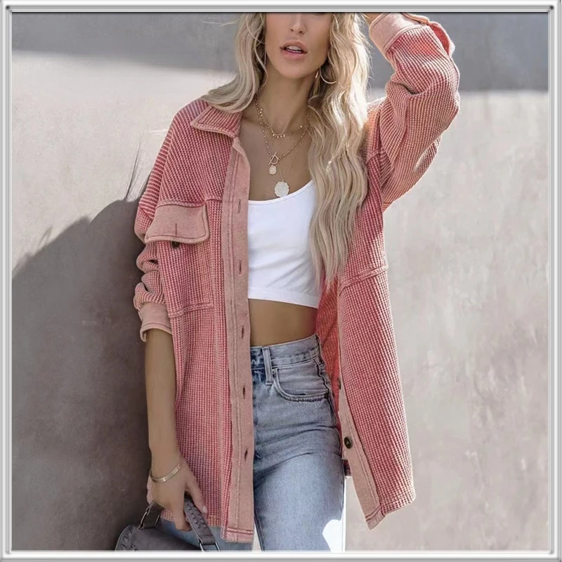 

SABINAX Jacket Women's Long Sleeve Thin Shirt Fashion Stand Collar Pink Single Breasted Top Street Style Knit Sweater Jacket