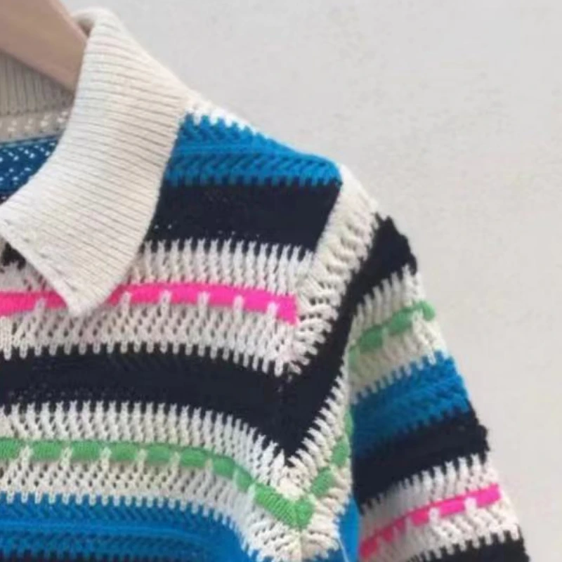 

Women Sweater 2023 Early Spring New Short Women Color Striped Short-sleeved Knitted Cardigan
