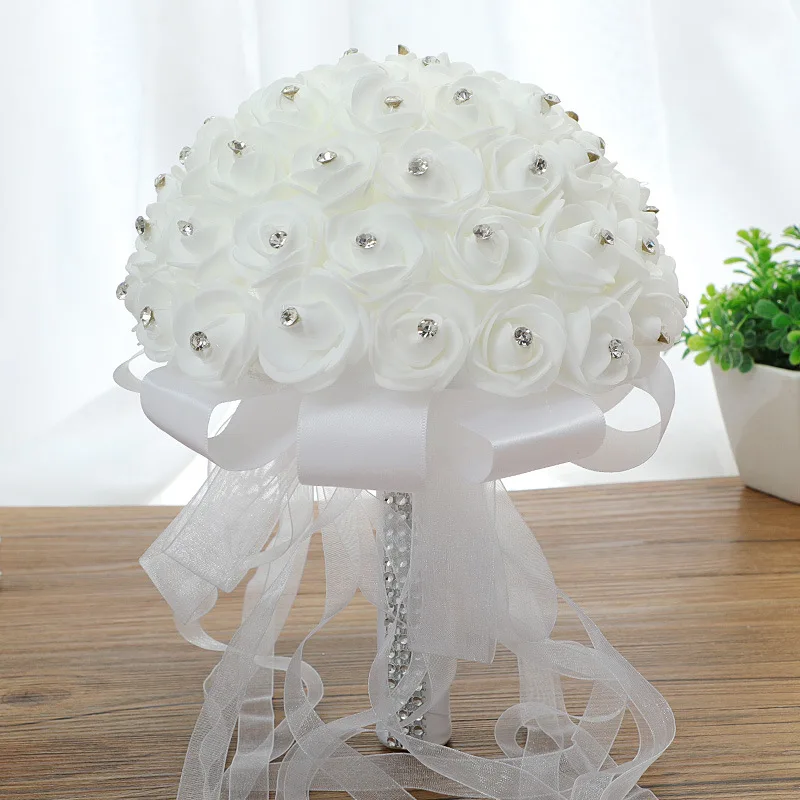 

Белая лента Стразы Свадебный букет ручной работы искусственные шелковые цветы для свадьбы