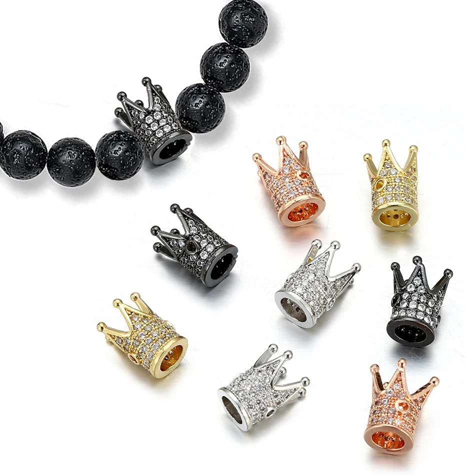 

2PCS King Crown Copper Spacer Beads 12*8mm Micro Pave White Black Zircon Charms Loose Beads For DIY Jewelry Bracelet Making