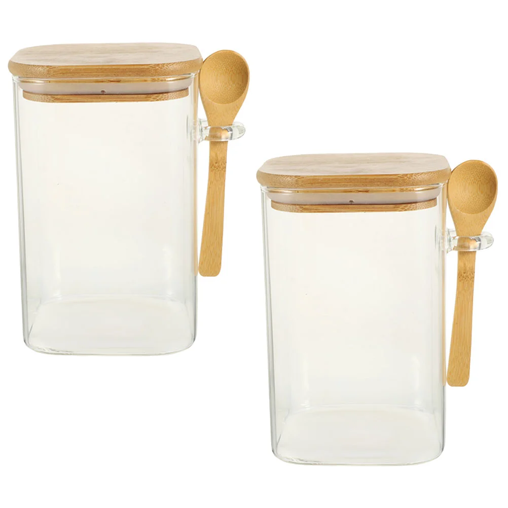 

2 Sets Jar Wooden Glass Storage Jars Lids Household Pots Grains Cover Sealed Tea Cereals Container Mason Supply