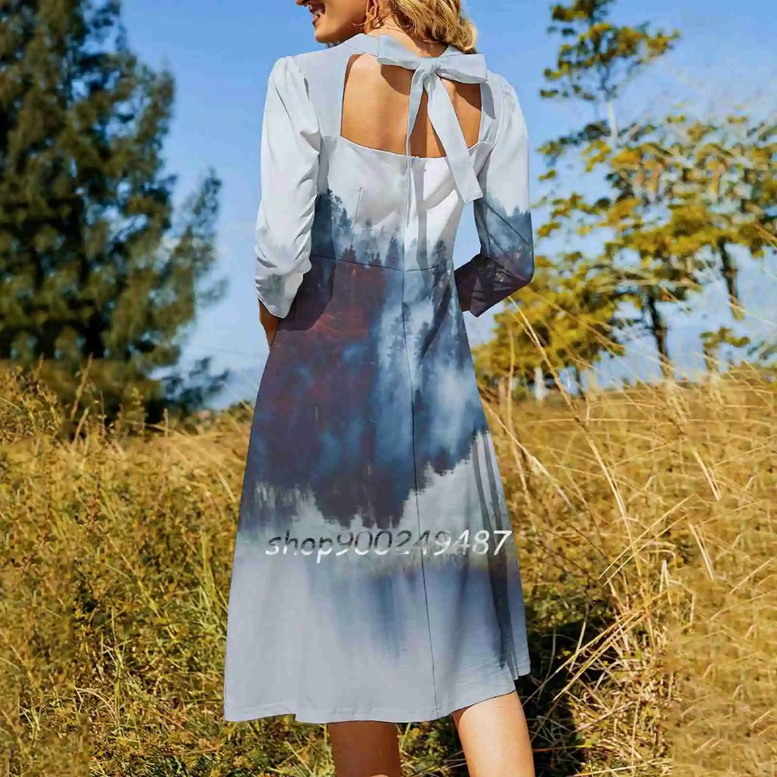 Fog Flare Dress Square Neck Elegant Female Fashion Printed Landscape Foggy Lake Clear Snow Tree Woods Forest