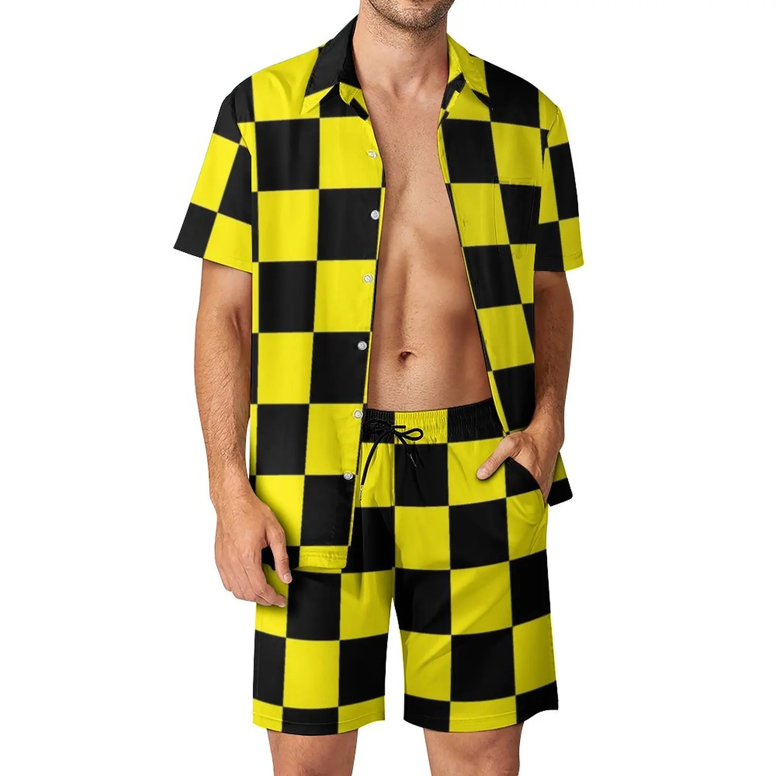

Two Tone Black And Yellow Men Sets Mod Checkers Casual Shorts Beach Shirt Set Hawaii Graphic Suit Short Sleeve Oversized Clothes